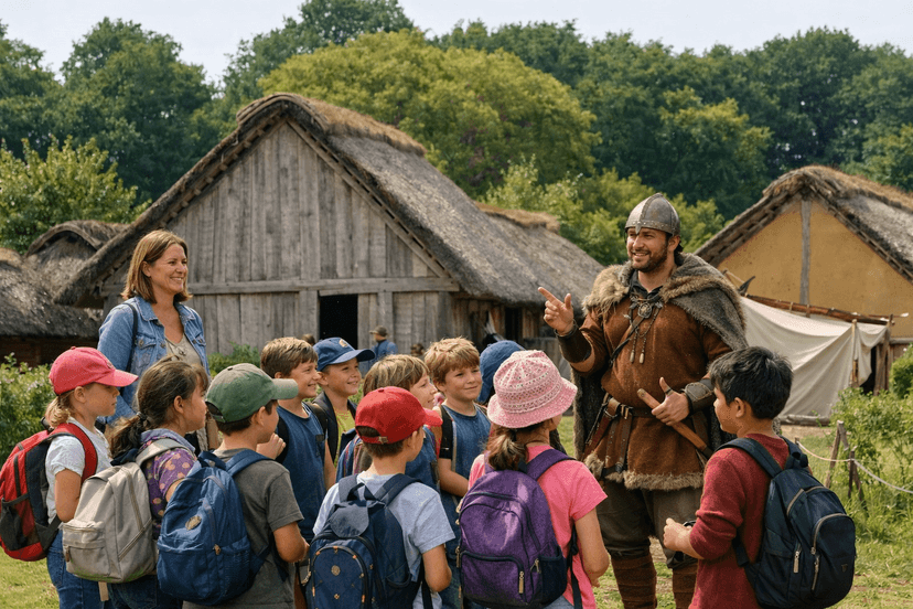 Museumsführung für eine Schulklasse durch das Wikingerdorf